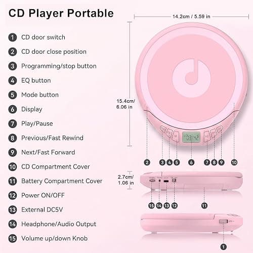 Gueray CD Player Portable with Earphones, CD Discman AUX Cable for Car Home | Personal Discman CD player,PROG memory, CD-R/RW MP3/WMA, Anti-skip shockproof protection, A-B repeat,LCD display thumbnail 9