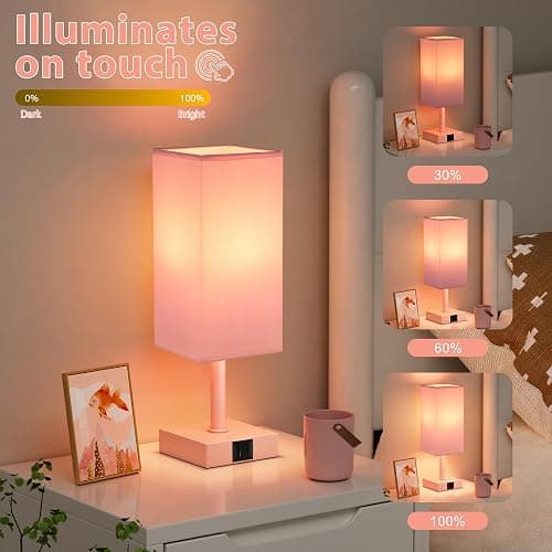 Ambimall Touch Control Table Lamp with USB A+C Charging Ports - 3 Way Touch Lamps Bedside, Nightstand Lamp for Bedrooms, LED Bulb Included(Pink Shade & Pink Base) thumbnail 4