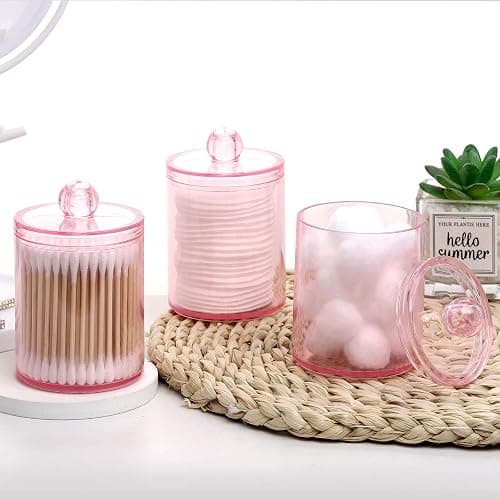 Tbestmax 4 pcs Qtips Holder Bathroom Container, 10 OZ Apothecary Jar, Pink Cotton Ball/Swabs Dispenser Organizer for Storage thumbnail 7
