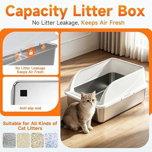 OneBug Stainless Steel High Sides Cat Litter Box with Scoop, Open Top Litter Pan for Indoor Cats, Easy to Clean, Reduced Litter Scatter, Medium thumbnail 6