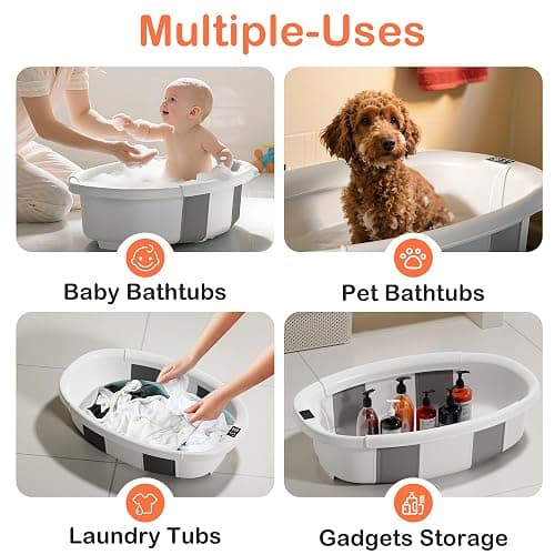 Collapsible Baby Bathtub - Large Baby Bath Tub with Thermometer & Cushion | Travel Portable Newborn Infant Bathtub | Foldable Toddler Bathtub for Baby 0 to 36 Months (Grey) thumbnail 8
