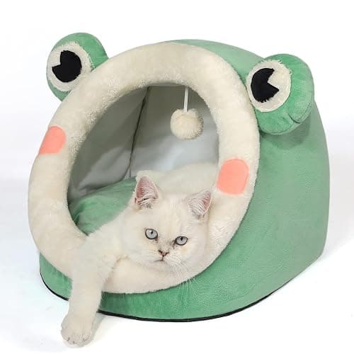Jiupety Cute Cat Bed, Indoor Lovely Velvet Igloo for Cat and Small Dog, Warm Cave Sleeping Nest Bed for Puppy and Kitten, Green Frog, M thumbnail 6