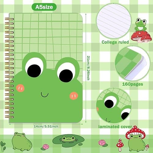 Resurhang 6 Pack A5 Frog Spiral Notebooks Preppy Journal Cute Aesthetic Hardcover Ruled Notebooks with Ballpoint Pens for Office School Day Classroom Prize Supplies, 5.5 x 8.3 Inch thumbnail 4