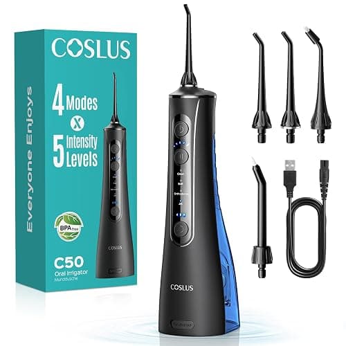 COSLUS C50 Water Flosser for Teeth: 4 Modes & 5 Intensities Water Dental Pick with MDL Accepted for Orthodontic, Braces & Gums Care - Portable for Travel, 4 Tips for Family Use, BPA-Free, Black - Image 1