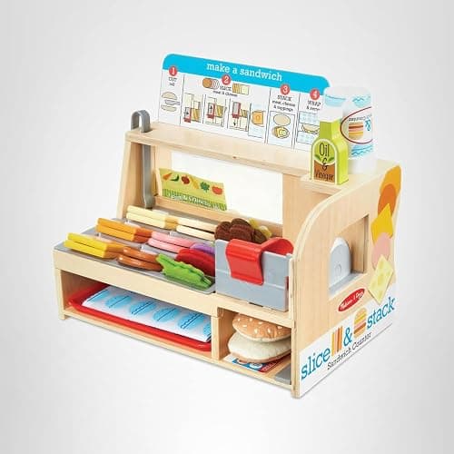 Melissa & Doug Slice-Stack-Serve, Wooden Sandwich Counter Pretend Play Store with Play Food Toys, Play Money & Deli Slicer, Preschool Toys for Kids 3+ thumbnail 10