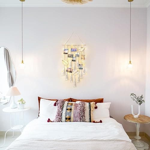 Mkono Hanging Photo Display Boho Macrame Wall Decor with Light, Teen Girl Teenage Gifts, Pictures Cards Frame Holder Art Hanger for Christmas Birthday Party Bedroom Dorm, with 30 Wood Clips, Ivory thumbnail 4