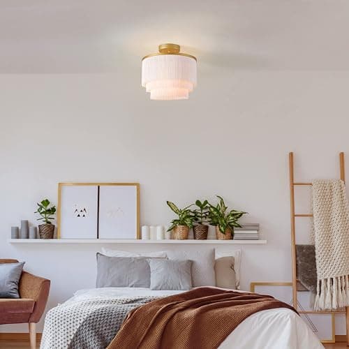 Globe Electric 65892 1-Light Flush Mount Ceiling Light, Matte Gold, White Fabric Fringe Shade, Bulb Not Included thumbnail 4