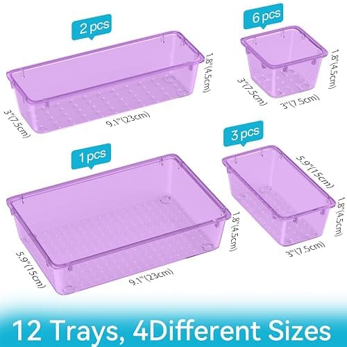 ElegantArray 12-Piece Drawer Organizer Set, 4 Sizes Versatile Plastic Vanity Organizer for Makeup, Stationery, Gadgets, in Kitchen, Bathroom, Office, and Bedroom, Purple thumbnail 2