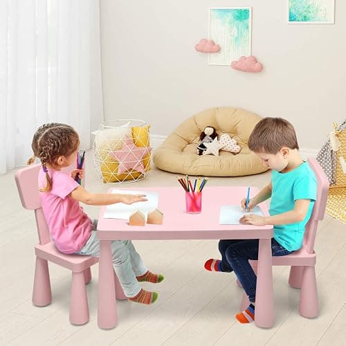 LIFEZEAL Set Tavolo e Sedie per Bambini 1-7 Anni, Tavolino Multiattivita in Plastica Rettangolare, Piccoli con Schienale con Capacità di 50 kg (rosa) thumbnail 2