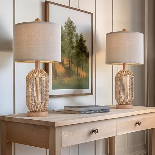 OYEARS 21" Boho Table Lamps Set of 2 for Living Room, Bedside Lamps for Nightstand, Rattan Lamp for Bedroom, Farmhouse Table Lamps for Boho Decor, End Table, Retro, Brown - Image 1