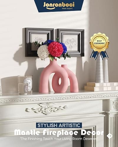 Hug Donut Decorative Vase Set - Light Pink Modern Glam Eclectic Style Vases Home Decor, Matte Ceramic Decorations for Living Room Shelf, Bookshelf Mantle Entryway Table or Console Décor(Pink) thumbnail 6