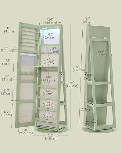 SONGMICS 6 LEDs Lockable Mirror Jewelry Cabinet, 360° Swivel Jewelry Organizer Armoire Standing, Frameless Full-Length Mirror, 3 Storage Shelves, Laurel Green Surface, Cream White Lining UJJC007C01 thumbnail 2