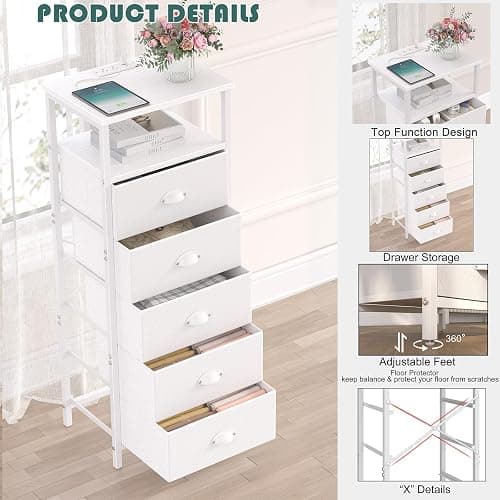 sthmec Nightstand with Charging Station,LED White Nightstands with 5 Fabric Drawers PU Finish, Bedside End Tables, 2-Tier Open Storage Shelf Side Table Nightstand with Drawers for Bedroom,White thumbnail 5