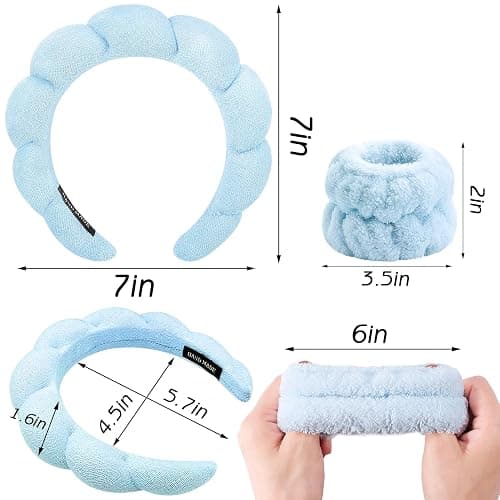 Zkptops Spa Headband for Washing Face Wristband Set Sponge Makeup Skincare Headband Terry Cloth Bubble Soft Get Ready Hairband for Women Girl Puffy Padded Headwear Non Slip Thick Hair Accessory(Blue) thumbnail 6