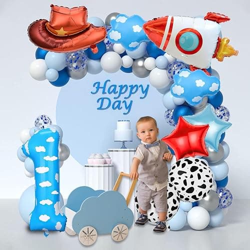 Toy Themed Decorations, 9pcs Cow Print Sky Blue Cloud Balloons with Rocket Balloon and Cowboy Hat Balloon for Kids Inspired Story 1st Birthday Party Decorations (1ST) thumbnail 6