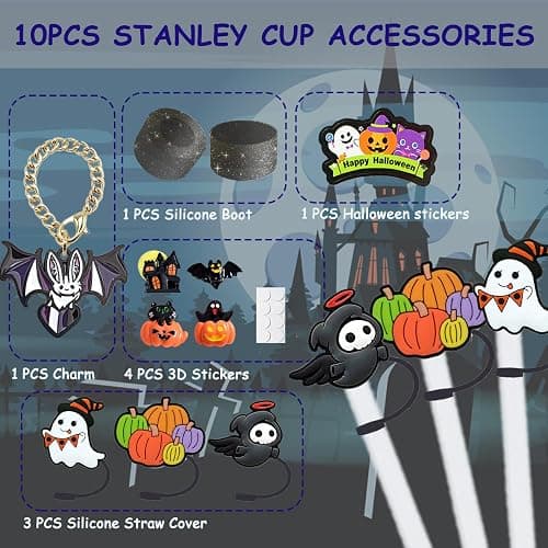Stanley Cup Accessories Set,Including 3 Pcs 0.4in Halloween Straw Cover, 5 Pcs Halloween 3D&Flat Stickers, 1 Pcs Handle Charm, 1 Silicone Boot Fits Stanley 40&30 Oz Tumbler (Glitter Black) thumbnail 3