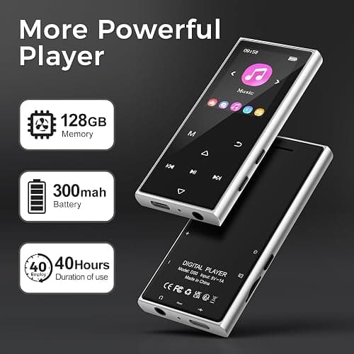 128GB MP3 Player with Bluetooth 5.3, AGXOV Music Player with Built-in HD Speaker, FM Radio, Voice Recorder, HiFi Sound, E-Book, Earphones Included (D50) (Black) thumbnail 6