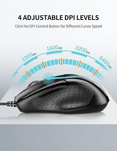 TECKNET USB Wired Mouse, 6-Button Corded Computer Mouse with 4 Adjustable DPI, Optical Computer Mice with Ergonomic Design and 5FT Cord for Laptop, Chromebook, PC, Desktop, Mac, Notebook-Black thumbnail 2