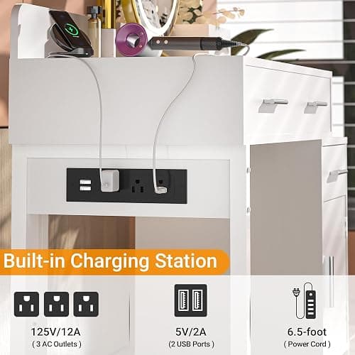 Vanity Desk with 4 Storage Drawers - Modern Makeup Vanity Table with Charging Station, White Vanity Desk with Reversible Cabinet Dressing Table Set with Divided Organizers for Women Girls, White thumbnail 6