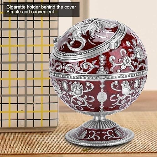 Windproof Ashtray, Vintage Ashtray with Lid, Metal Ball Cigarette Tabletop Ashtray with Wine Red Globe Fly Dragon Shape for Outdoor Indoor Home Decoration Crafts thumbnail 6