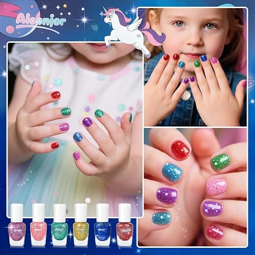 Aieenjor Non-Toxic Kids Nail Polish Set, Glitter Quick Dry Fingernail Polish for Toddler, Water-Based Peelable Nail Polish for Kids, 6 Color Rainbow for Halloween and DIY Gift Kid Ages 3+ thumbnail 6
