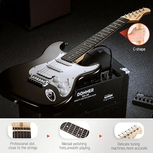 Donner DST-100B 39 Inch Electric Guitar Beginner Kit Solid Body Full Size Black HSS for Starter, with Amplifier, Bag, Digital Tuner, Capo, Strap, String,Cable, Picks - Black - 39" Right Handed thumbnail 5