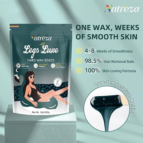 Natreza Wax Beads for Hair Removal, 1lb Hard Wax Beans for Full Body, Brazilian, Bikini, Legs, Arms, Face, Thick Hair Formula, Waxing Beads for Women & Men, Dark Green thumbnail 2