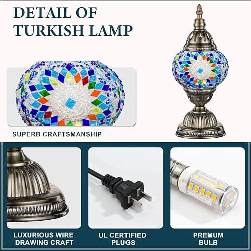 Marrakech Turkish Mosaic Lamp Stained Glass Table Lamp with Tiffany Style | Handmade Moroccan Table Lamp with Bronze Base, Decorative Accent Vintage Lamp for Living Room Bedroom Including LED Bulb thumbnail 4