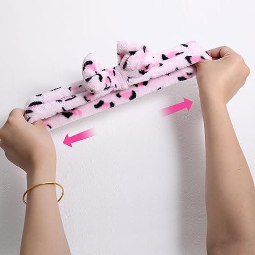 Miroksh Pink Leopard Print Plush Wash Face Headband Bowknot Cheetah Spa Hair Band Wrist Cuffs Women Girls Facial Makeup Skincare Bath Head Wrap Lady Costume Party Supply Xmas Gift thumbnail 5