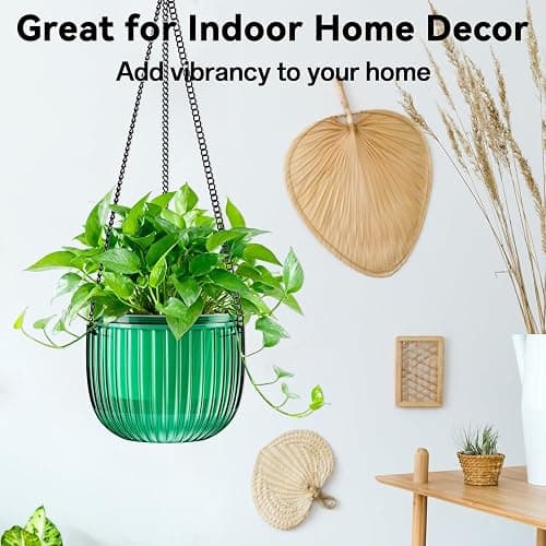 Halatool 2 Pack Self Watering Hanging Planters for Indoor Plants - 6.5 Inch Outdoor Hanging Flower Pots with 2 Metal Chains for Garden Home Wall Decor (Peacock Green) thumbnail 9