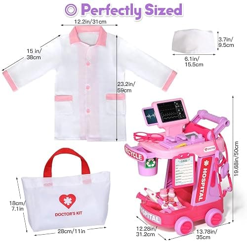 Phobby Doctor Kit for Toddlers Aged 3 4 5, Medical Pretend Play Set for Kids with Bag and Costume, Doctor Cart Toy for Girls Boys Birthday Gift (Pink) thumbnail 3