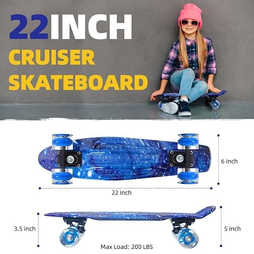 Nattork Skateboards 22 Inch Mini Cruiser Skateboard Complete Retro Skate Boards with Colorful Light Up Wheels for Kids Girls Boys Beginners thumbnail 5