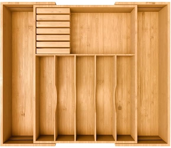 Premium Expandable Kitchen Drawer Organizer - 100% Bamboo Organizer Tray - Great for Silverware, Large Utensils, Flatware, Cutlery - 8 Compartments with Knife Block - Perfectly Fits Your Drawers - Image 1