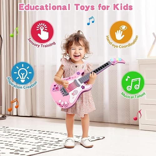 M SANMERSEN Kids Guitar for Girl Music Toy Electric Pink Guitars with Strap for Kid Toddler Musical Instrument Toys for 3 4 5 Year Old Girls Gifts thumbnail 3