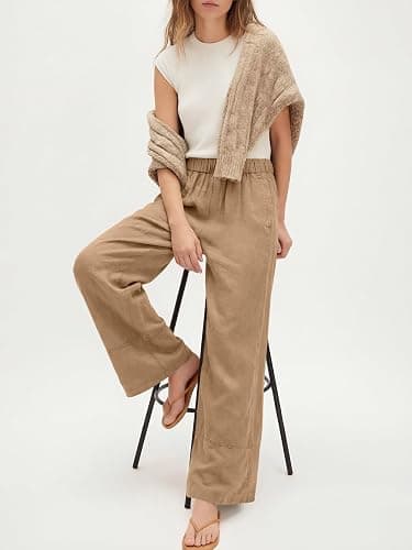 ANRABESS Women's Wide Leg Linen Pants Summer Boho Casual Elastic Waist Long Lounge Travel Pants Trousers with Pockets thumbnail 8