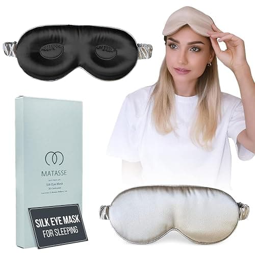 MATASSE Silk Eye Mask for Sleeping with Adjustable Elastic Band - 3D Contoured, Eye Cover Sleep Mask w/Genuine Mulberry Silk Including The Strap for Women, Men (Champagne/Black) - Image 1