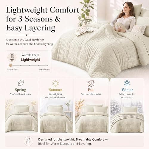 CozyLux King Size Comforter Set, 7 Pieces Oatmeal Seersucker Bed in a Bag | OEKO-TEX Certified, All Season Bedding Set with 240 GSM Down Alternative Comforter, Flat & Fitted Sheets, Pillowcases & Shams thumbnail 8