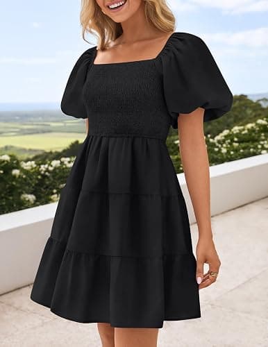ZESICA Women's Boho 2025 Summer Square Neck Puff Sleeve Off Shoulder Smocked Tiered Casual A Line Short Mini Dress thumbnail 7