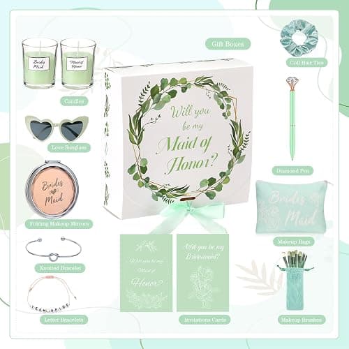 Nuogo 88 Pcs 8 Sets Bridesmaid Proposal Gift Wedding Bridesmaid Box Set Maid of Honor Gift Include Box Candle Invited Cards Scrunchies Hair Elastics Ties Knotted Bracelets Diamond Pens(Green,Modern) thumbnail 4