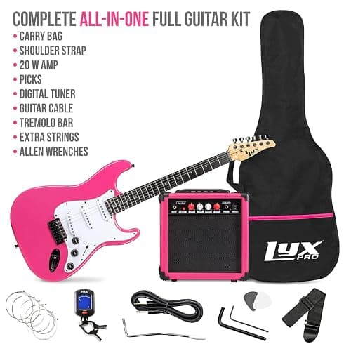 LyxPro 39" inch Full Size Electric Guitar with 20w Amp, Package Includes All Accessories, Digital Tuner, Strings, Picks, Tremolo Bar, Shoulder Strap, and Case Bag Complete Beginner Starter kit - Pink - 39" Right Handed - Pink thumbnail 2