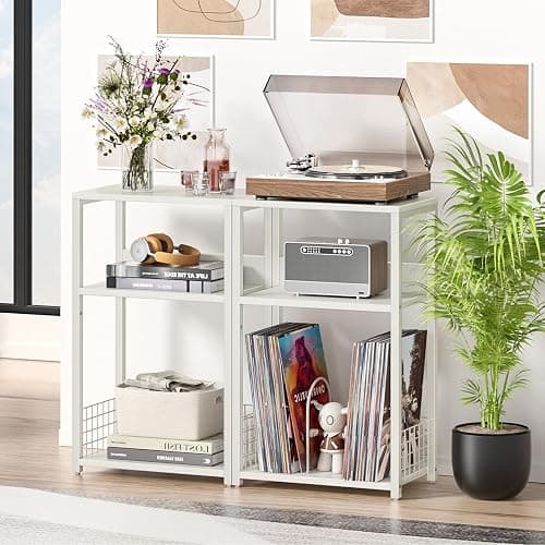 LELELINKY Large White Record Player Stand, 3 Tier 18" Wide Big End Table with Vinyl Storage Up to 130 Albums, Industrial Turntable Printer Tables, Modern Side Tables for Living Room, Bedroom, Office thumbnail 2