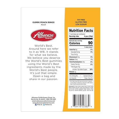 Albanese World's Best Gummi Peach Rings | 8oz of Candy | Gluten Free, Fat Free, Soft and Chewy Gummy | Perfect as a Drink Garnish for Parties, Including in a Dessert Bar, and Crafts with Kids thumbnail 2