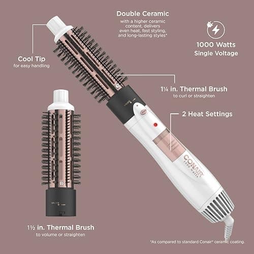 Conair Double Ceramic 2-in-1 Hot Air Brush, 1000W, Interchangeable 1¼" & 1½" Thermal Brushes for Voluminous Curls & Straight Styles, Hot Brush for Fine & Thick Hair thumbnail 3