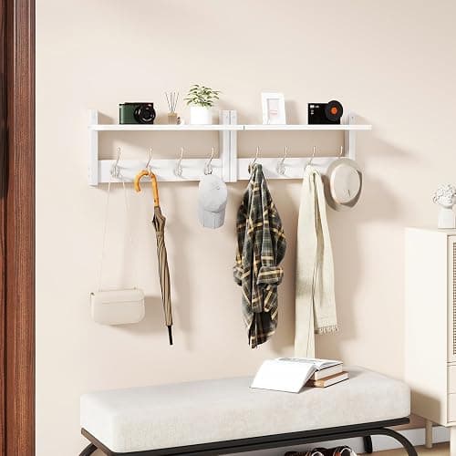 YMYNY Coat Rack Shelf Wall Mounted, Coat Hooks Set of 2, Entryway Coat Hanger with 4 Double Hooks, 31.5" Wall Floating Shelf with Hat Rack, for Kitchen, Bedroom, Bathroom, White UHWS001W-2 thumbnail 4