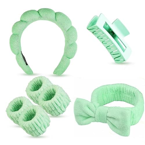 Yaqulen 7 Pcs Spa Set, Facial Headband and Wristband Set, Skincare Accessories, College Style Girl Idea Gifts, Hair Accessories for Women and Girls（Light Green） - Image 1
