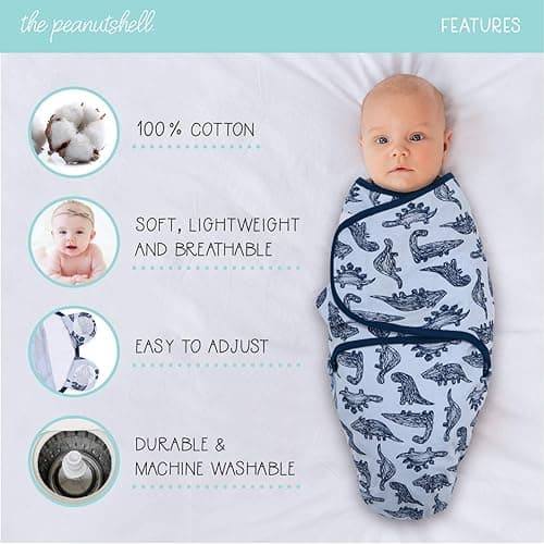 The Peanutshell Baby Swaddle Blankets Set of 3 - Baby Boy Sleep Sack for Newborn, Newborns Sack 0-3, 3-6 Month Swaddles, Soft & Breathable Cotton - Blue Dinosaur (S/M) thumbnail 4