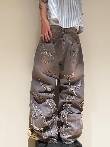 DFGIGT Men's Baggy Jeans Patchwork Embroidery Jeans Fringe Frayed Edges Wide Leg Denim Pants thumbnail 4