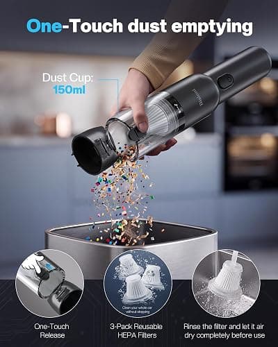 Car Vacuum 4-in-1 Small Handheld Vacuum w/ 20000Pa Suction, Cordless Hand Held Vacuum Rechargeable w/ Power Display, Portable Cordless Mini Car Vacuum with Led Light for Car Home Office Desk Keyboard thumbnail 8