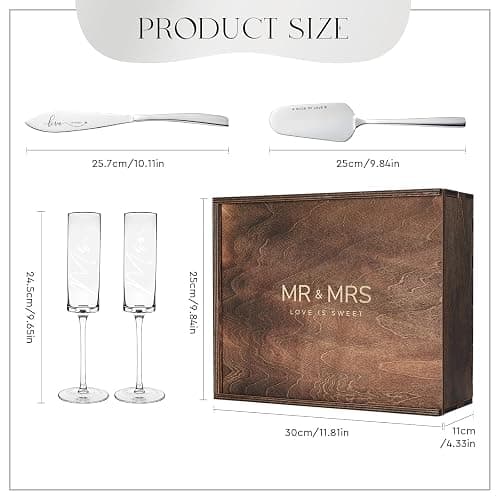 AW BRIDAL Champagne Flutes Set of 2, MR MRS Engraved, Crystal, 6 oz, Cake Cutting Set, Wedding Gift Box, Housewarming Gifts, Engagement Gifts for Couple thumbnail 3