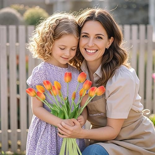 15 Pcs Orange tulips artificial flowers faux tulips real touch Latex | Fake Flower Bouquet for Wedding Dining Table Living Room Home Décor Centerpiece Arrangements thumbnail 2